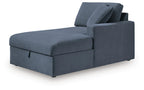 Ink blue corner chaise with storage, seat and back cushions, upholstered fabric