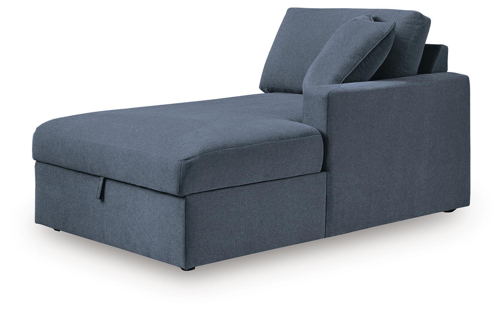 Ink blue corner chaise with storage, seat and back cushions, upholstered fabric