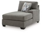 Greystone corner chaise chair with square arms and upholstered seat, gray fabric