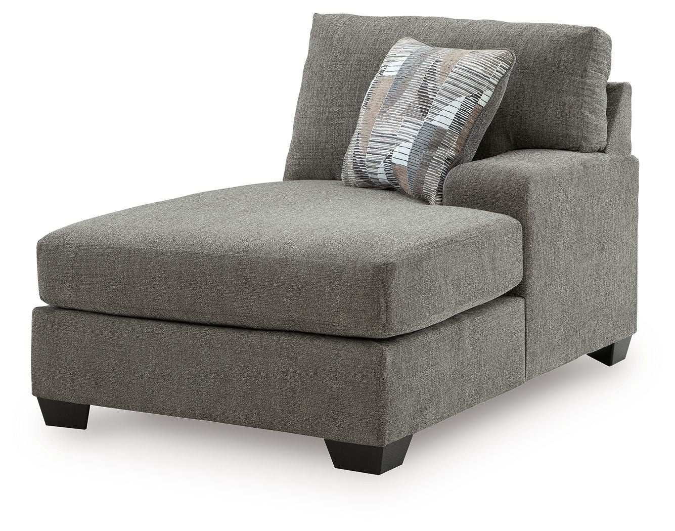 Greystone corner chaise chair with square arms and upholstered seat, gray fabric