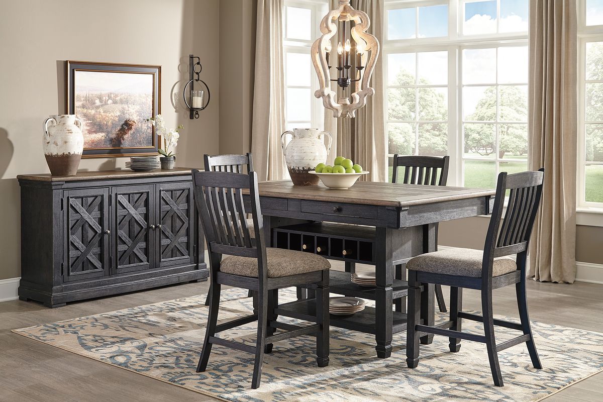 Dark gray counter height dining table set with four bar stools and two-door cabinet