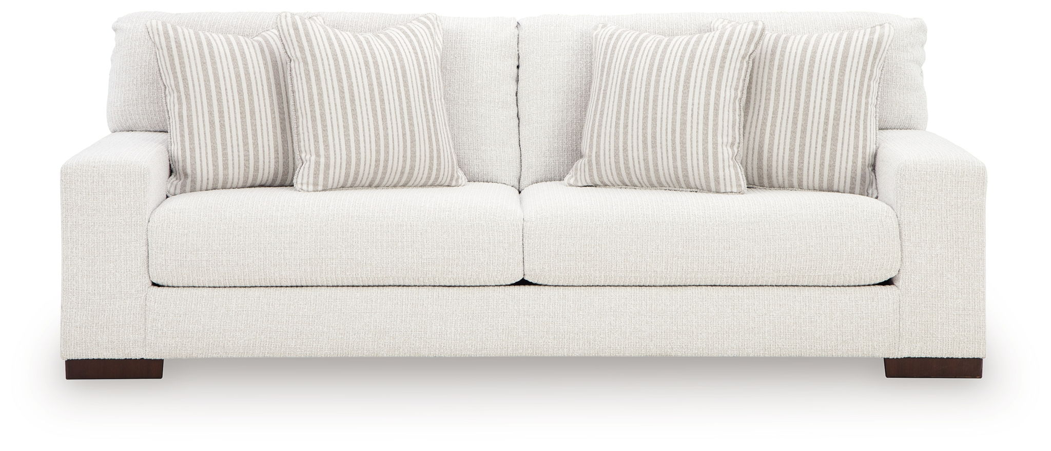 Hartside sofa with off-white upholstery and two-seater cushions, dark wood feet