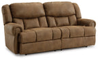 Reclining sofa loveseat front-left view with padded headrests, brown upholstery