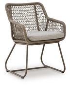 Beige mesh outdoor armchair with fabric seat and metal curved legs.