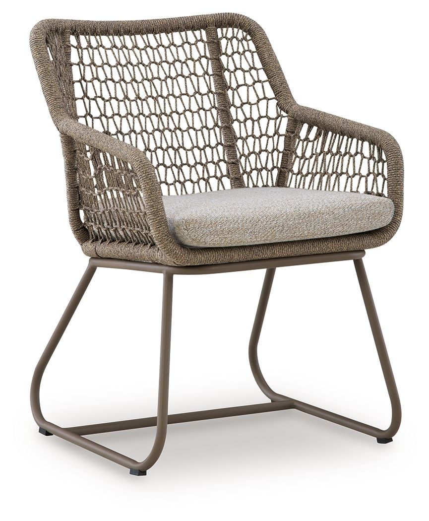 Beige mesh outdoor armchair with fabric seat and metal curved legs.