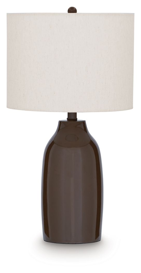 Brown ceramic table lamp with white drum shade and rounded bottle base
