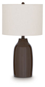 Brown ceramic table lamp with white drum shade and rounded bottle base