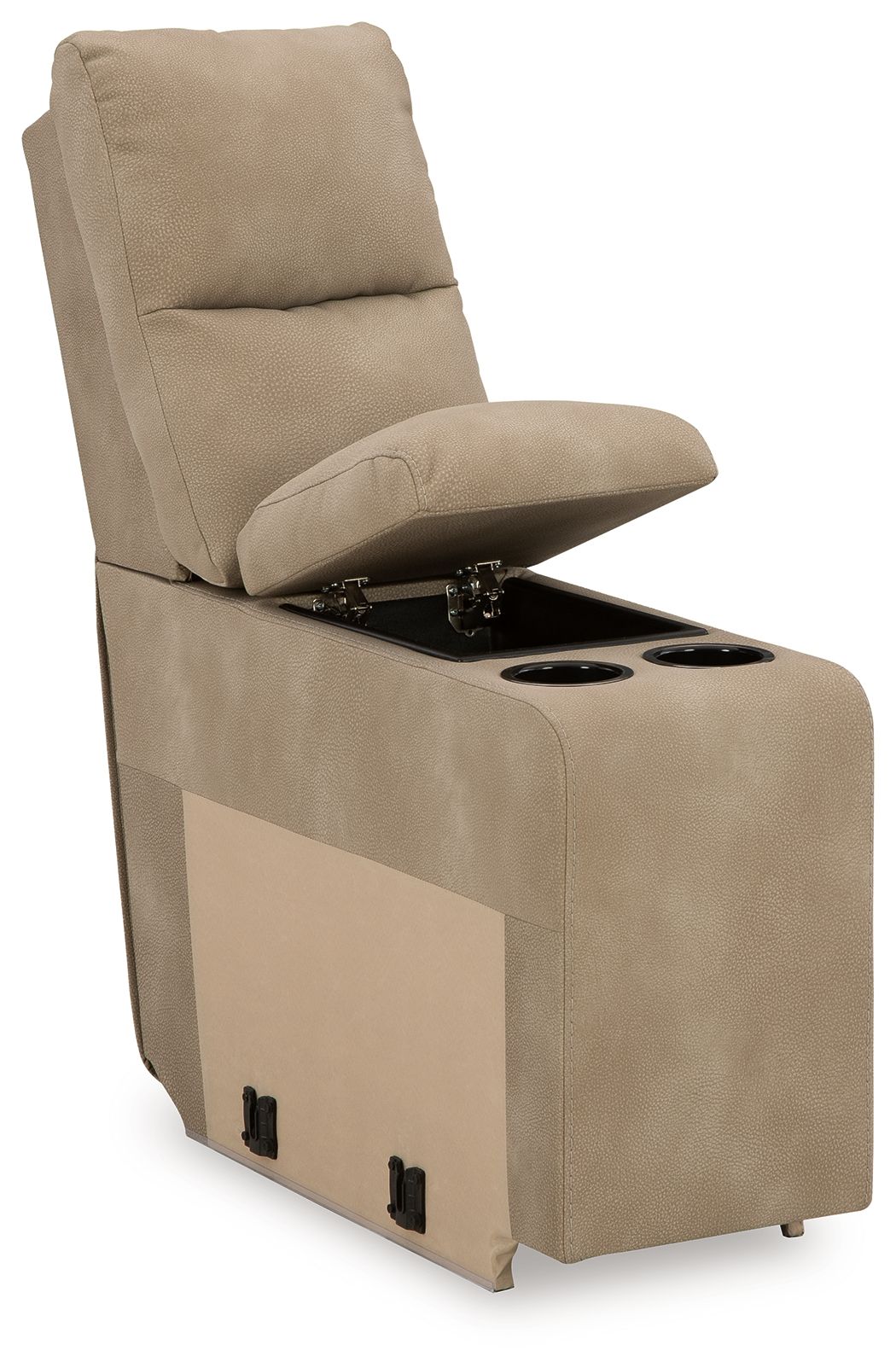 Sand beige upholstered console chair with storage and open cup holder panel