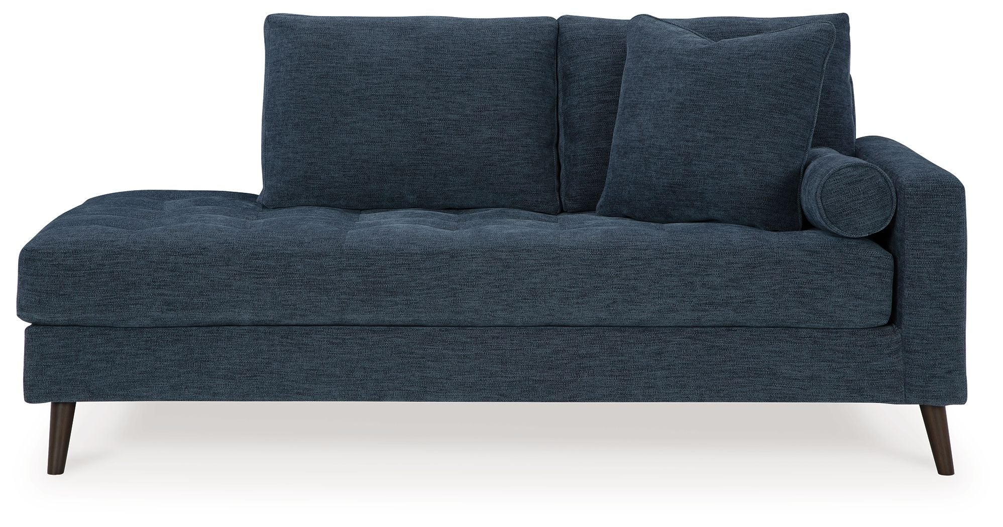 Blue corner chaise sofa with two tall back cushions and dark tapered legs