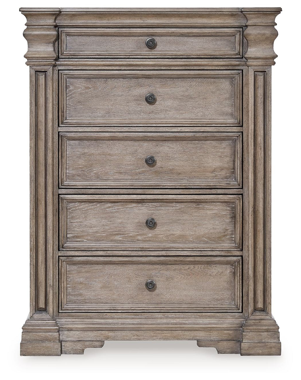 Five-drawer chest front in light grayish-brown wood with inset panels and metal knobs