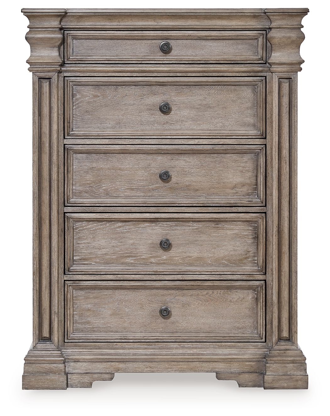 Five-drawer chest front in light grayish-brown wood with inset panels and metal knobs