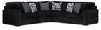 Sectional sofa with tufted arms, black corded upholstery and gray accent cushions