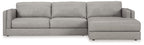 Sectional sofa with chaise lounge, light gray upholstery, wide seat and back cushion blocks