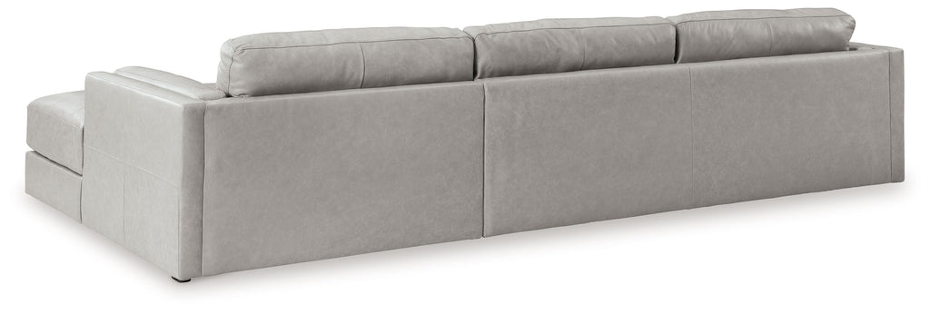 Sectional sofa with chaise lounge, light gray upholstery, smooth arms and backrest panels