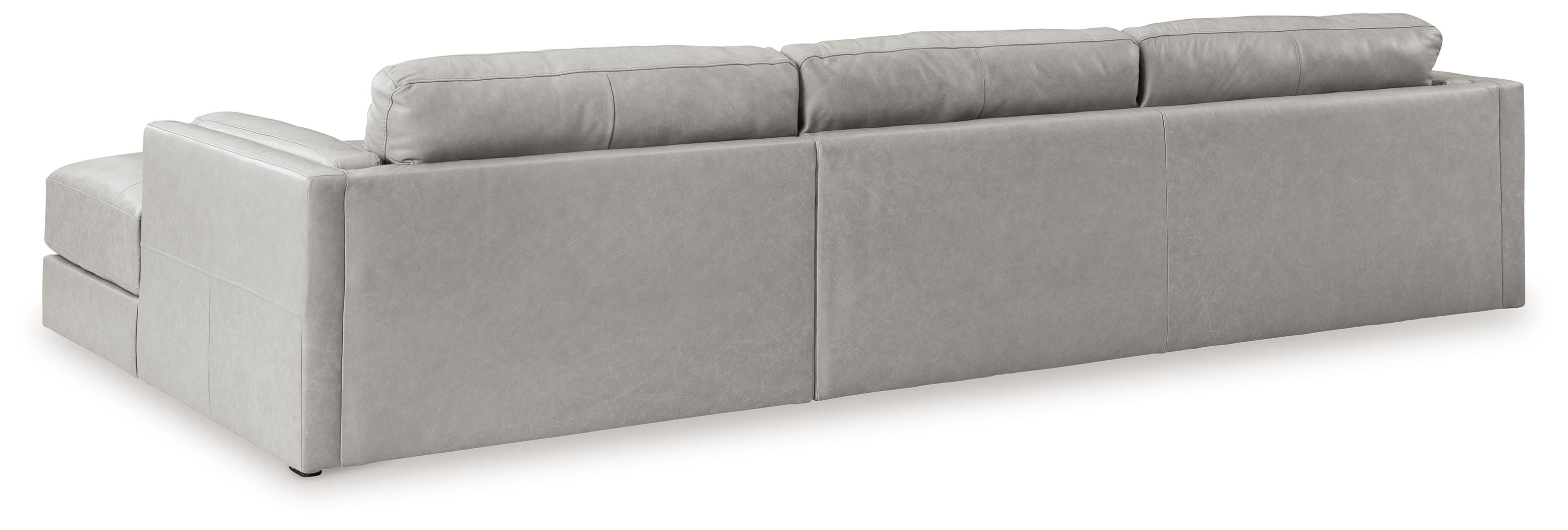Sectional sofa with chaise lounge, light gray upholstery, smooth arms and backrest panels