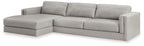 Sectional sofa with chaise lounge, light gray upholstery, tufted seat and back cushions