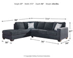 Slate fabric sectional with chaise, height 37 in, width 111 in, depth 90 in