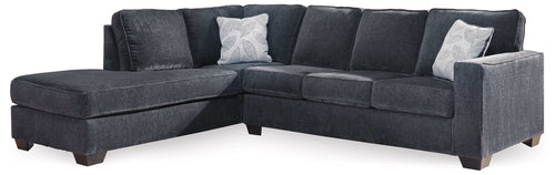 Dark slate fabric sectional sofa with chaise and square throw pillows