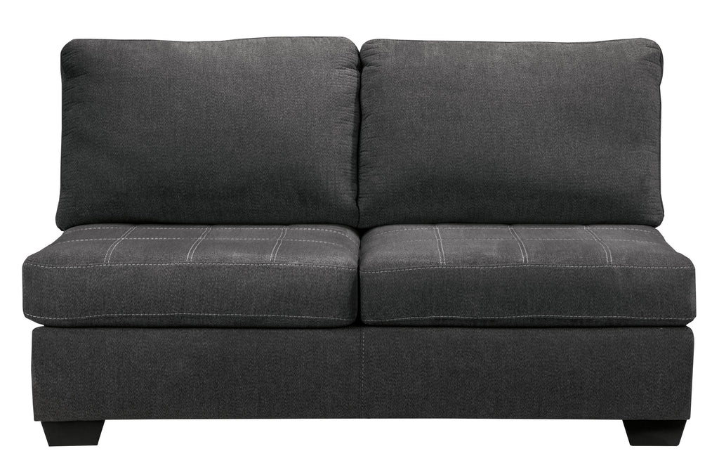 Slate fabric loveseat section with two back cushions and ottoman-style seat base