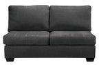 Slate fabric loveseat section with two back cushions and ottoman-style seat base