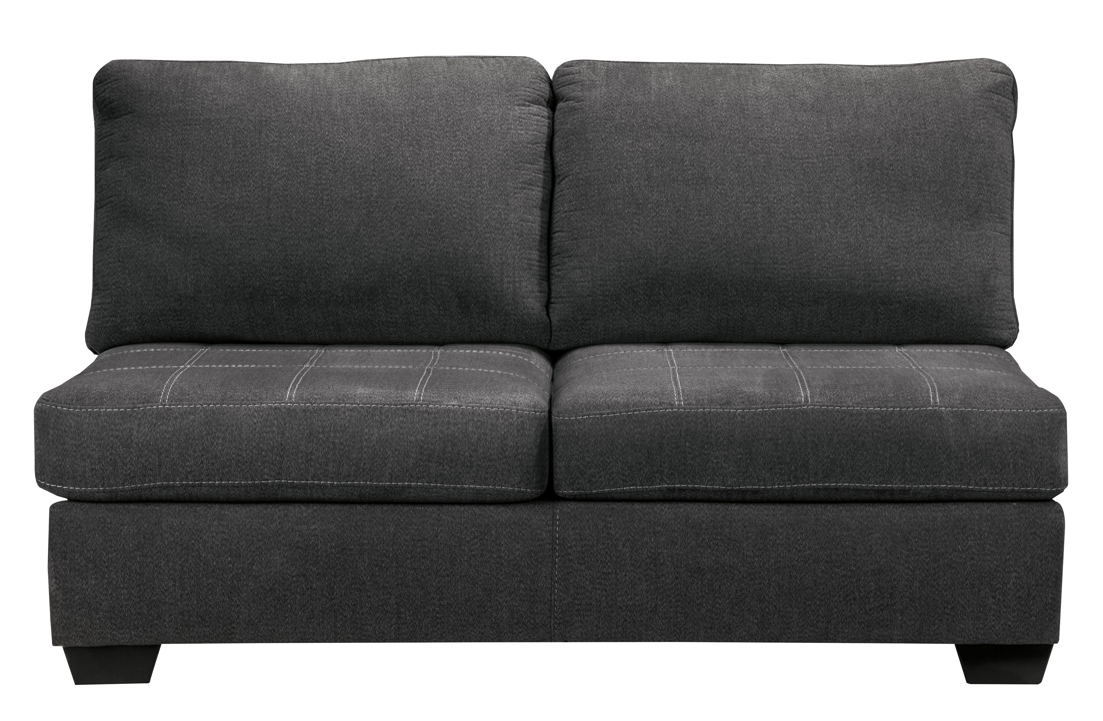 Slate fabric loveseat section with two back cushions and ottoman-style seat base