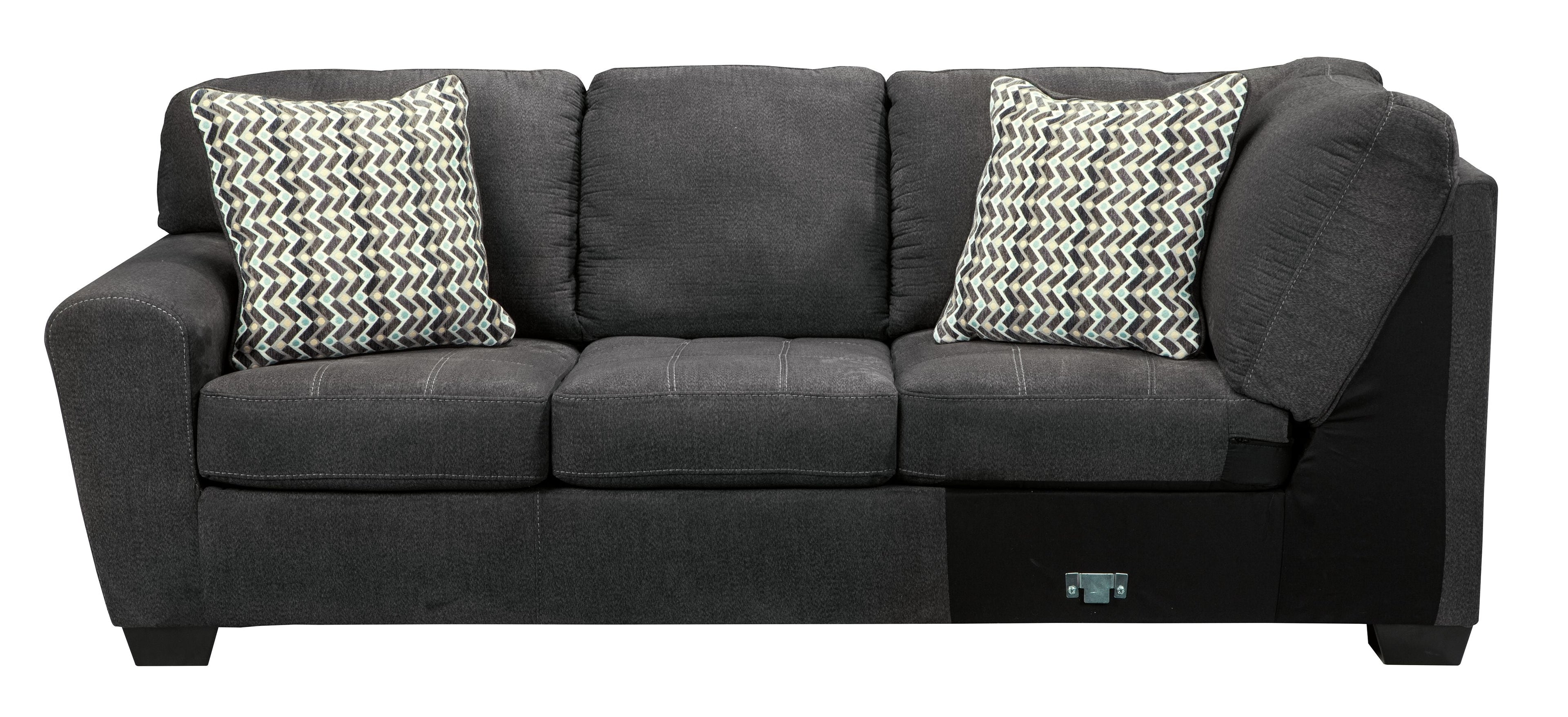 Slate sectional sofa with two patterned square pillows and wide cushioned arms