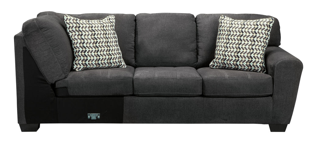 Slate three-seat sofa section with two patterned pillows and thick armrests