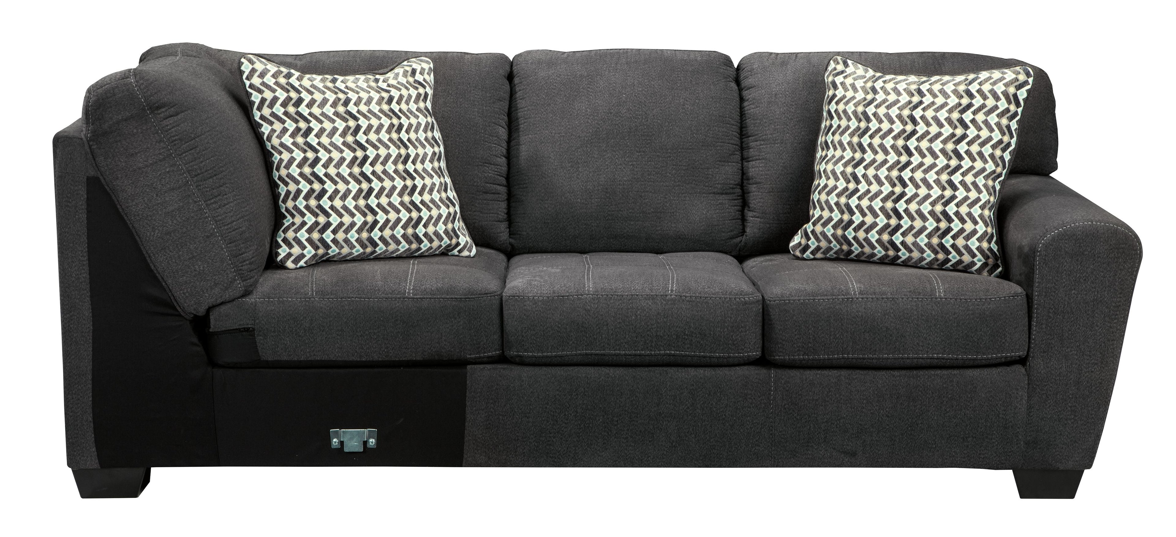 Slate three-seat sofa section with two patterned pillows and thick armrests