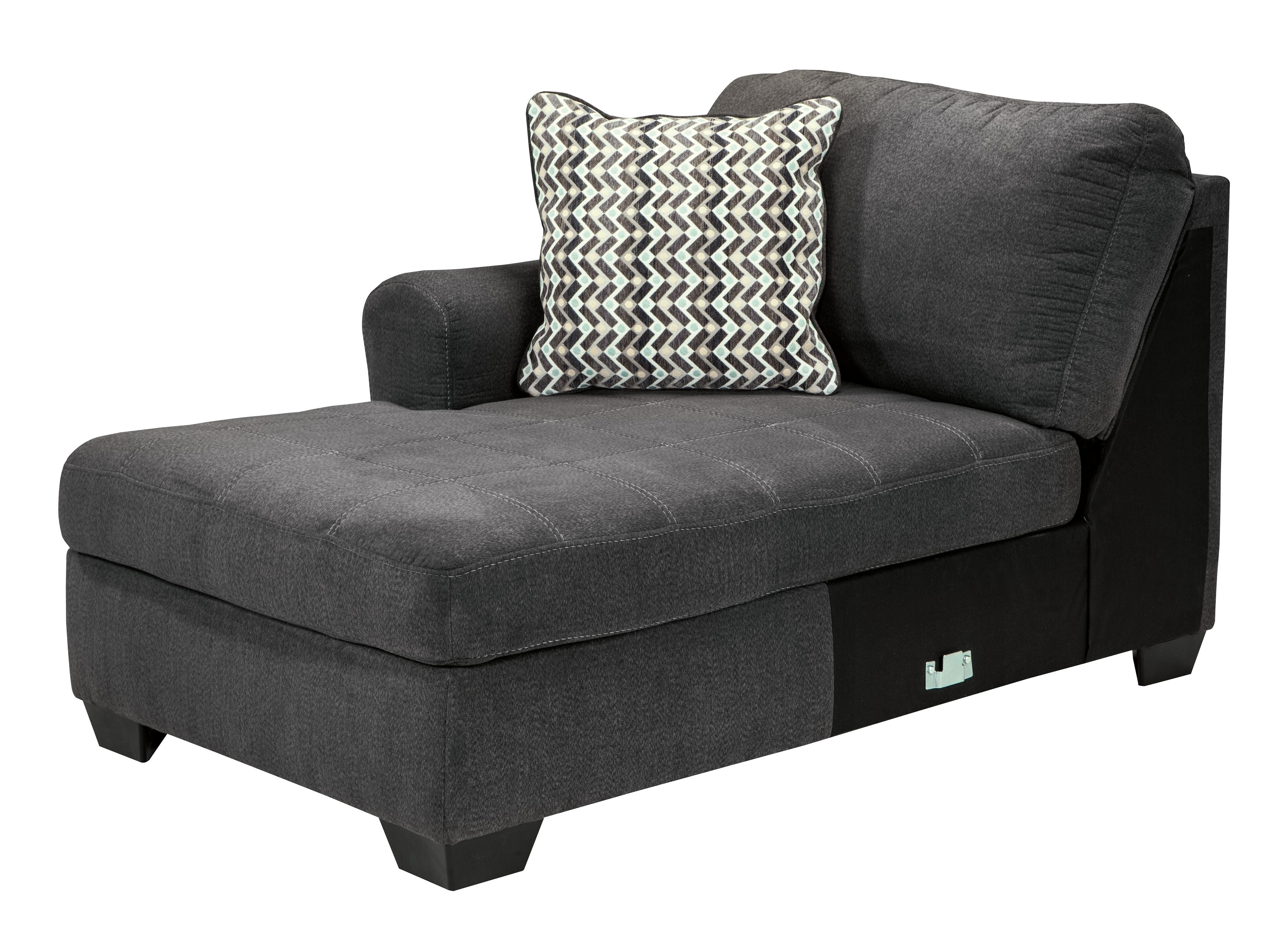 Slate chaise lounge section with one patterned throw pillow and square armrest