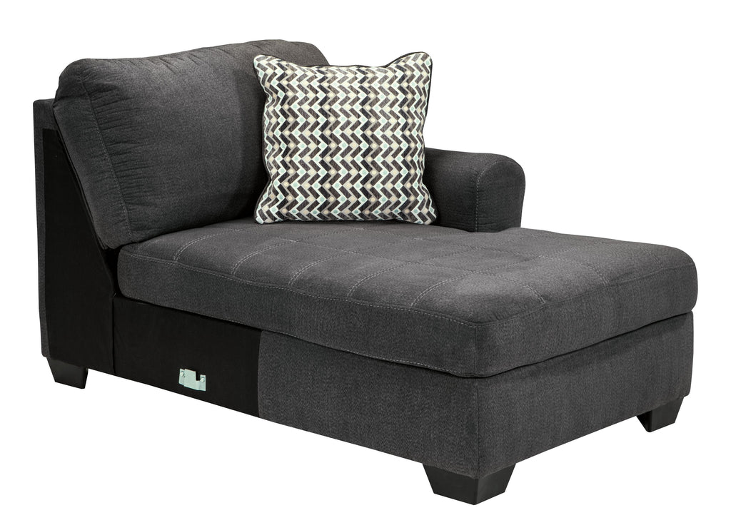 Slate chaise lounge section with one patterned pillow and rectangular seat cushion
