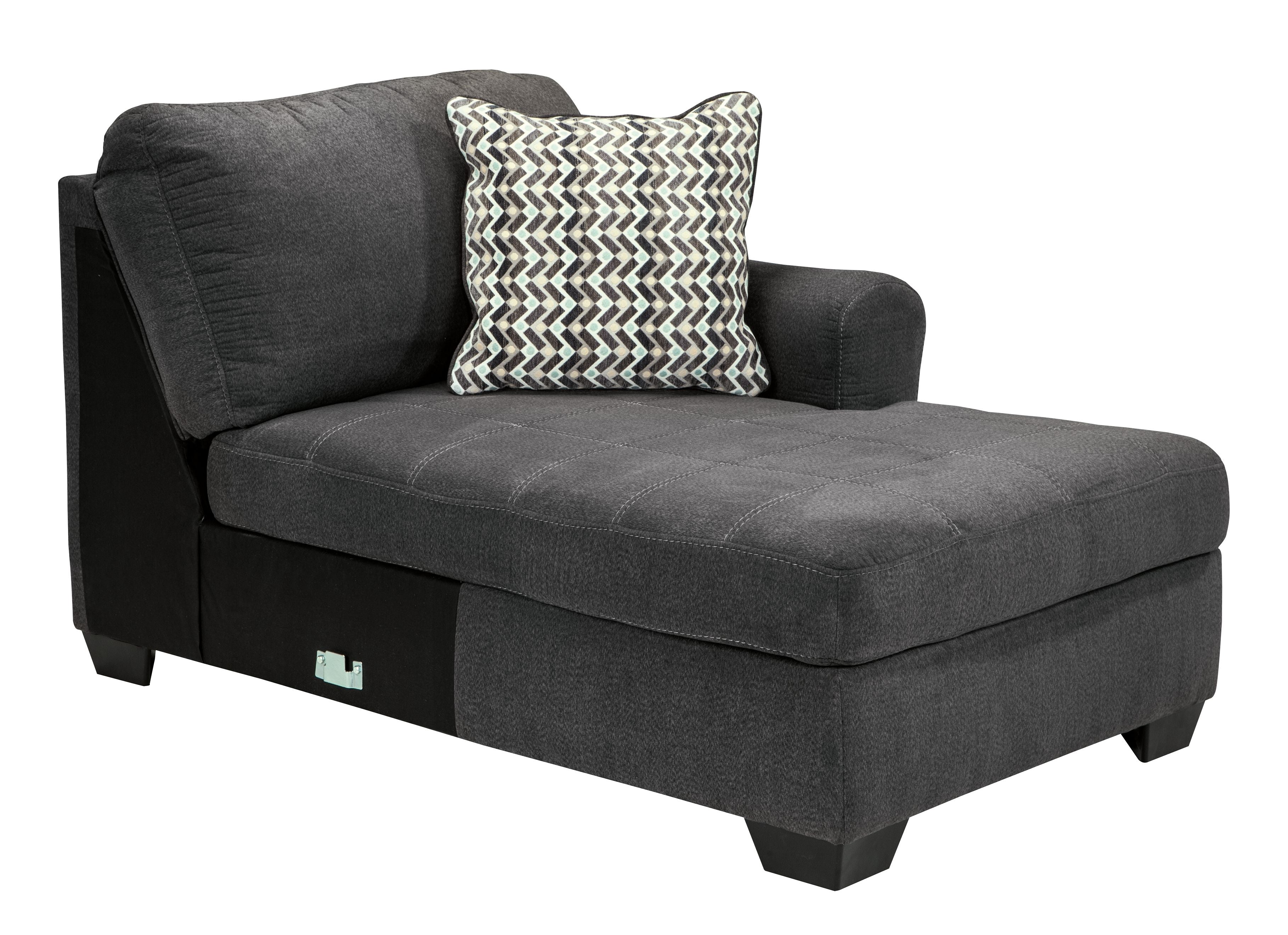 Slate chaise lounge section with one patterned pillow and rectangular seat cushion