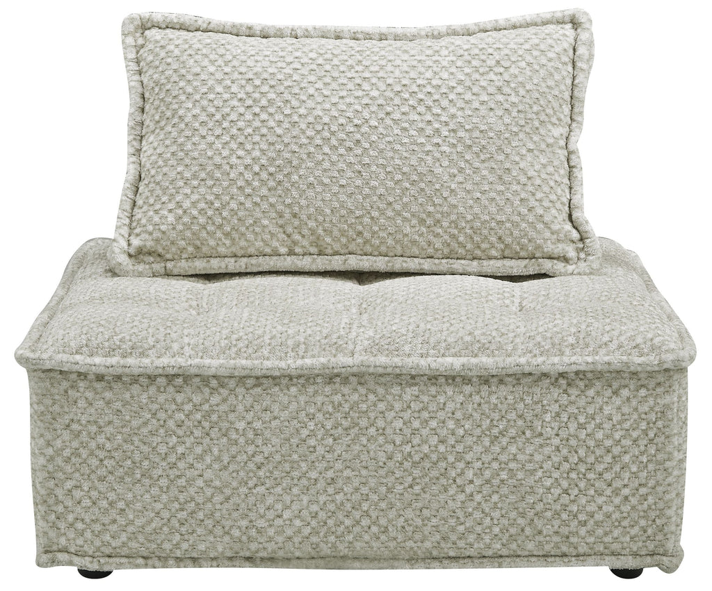 Taupe upholstered modular sectional chair with tall back cushion and wide seat