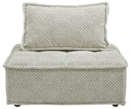 Taupe upholstered modular sectional chair with tall back cushion and wide seat