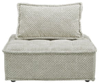 Taupe modular sofa chair with square arm and back cushion, textured upholstery