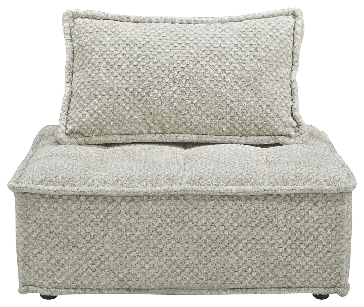 Taupe modular sofa chair with square arm and back cushion, textured upholstery