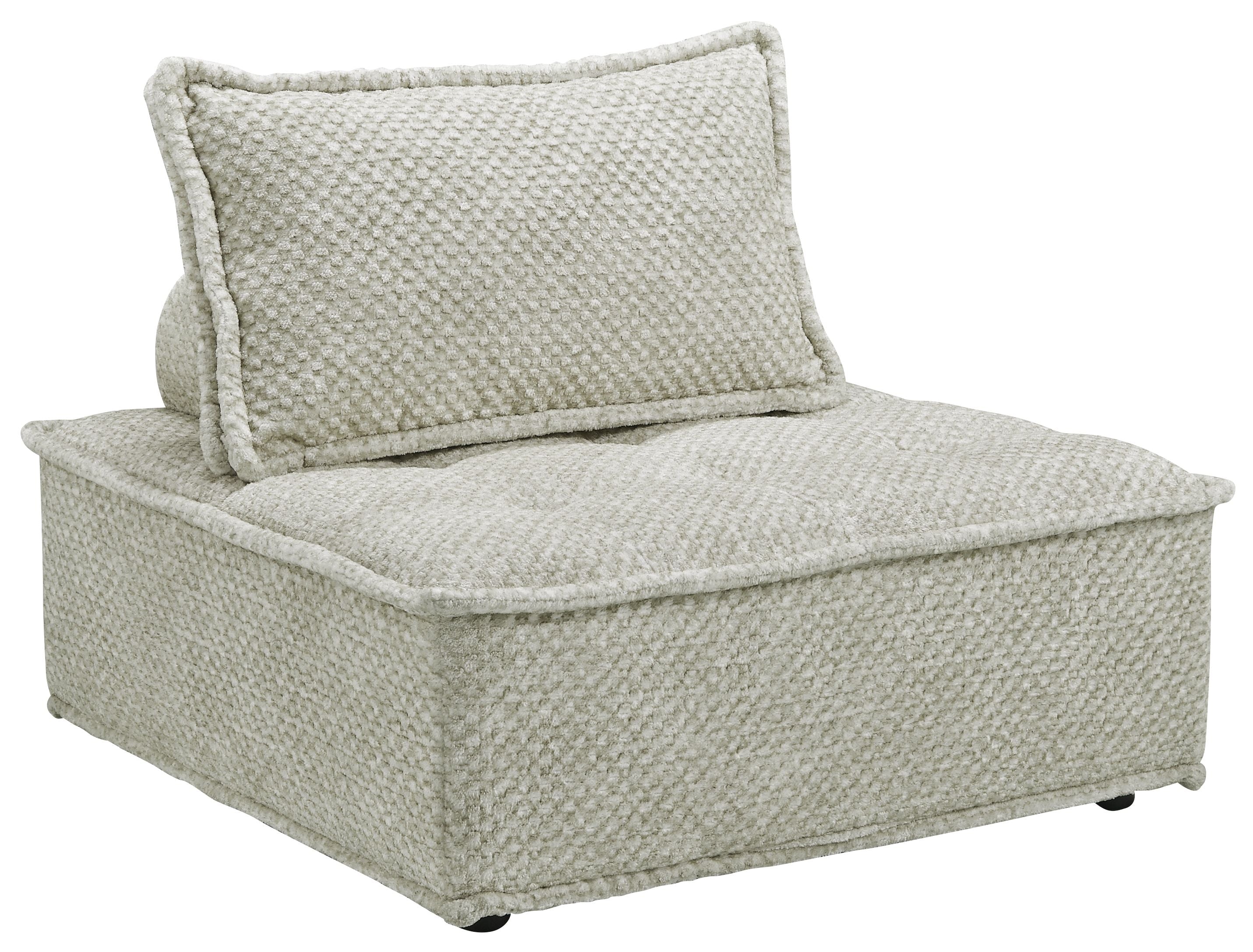Textured taupe chaise lounge with thick seat and back cushions, exposed black legs