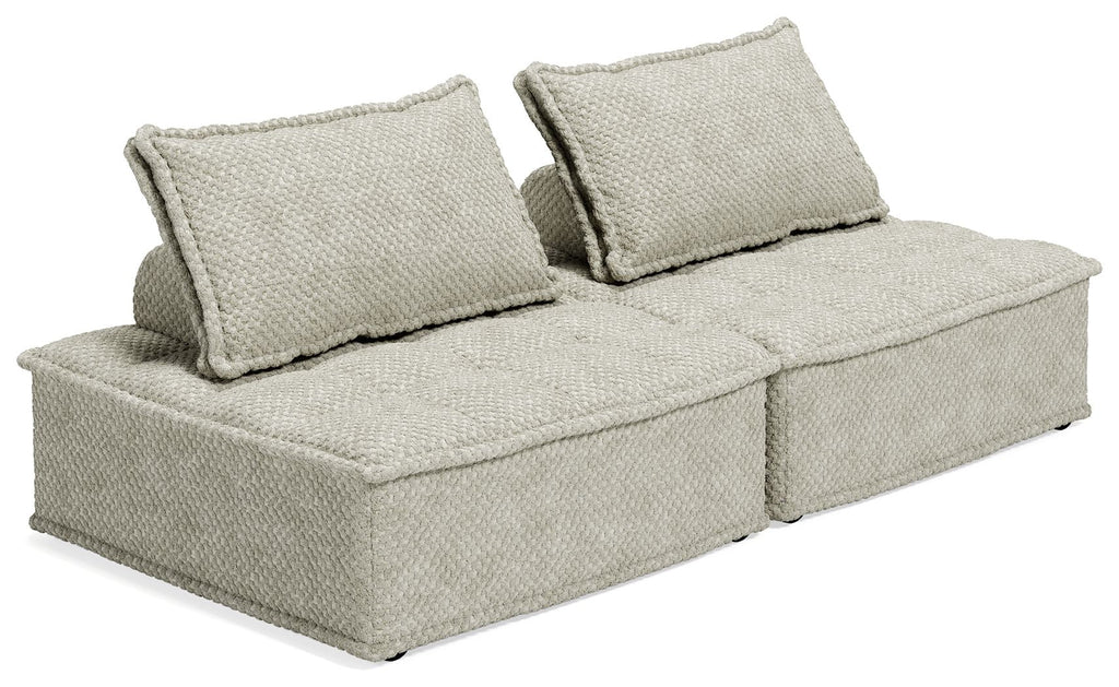 Taupe modular sectional sofa with two back pillows and wide seat cushions
