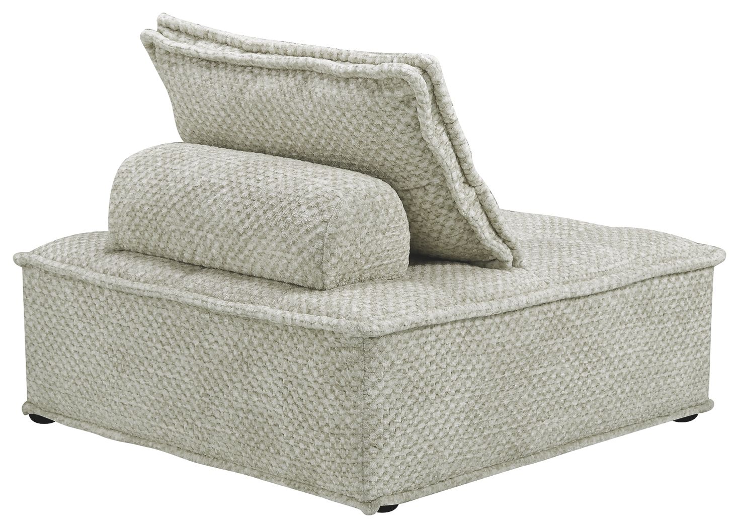 Taupe upholstered chaise lounge with wide armrest and textured fabric, side view