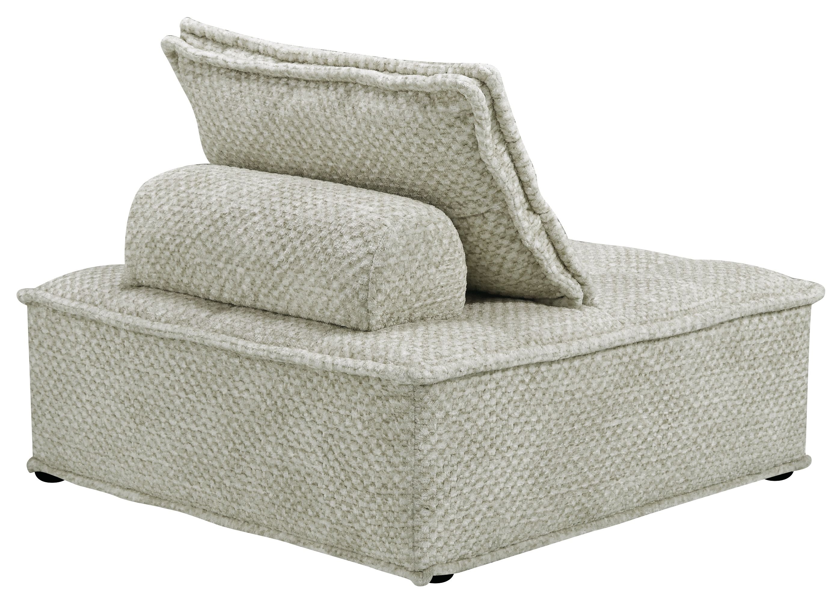Taupe upholstered chaise lounge with curved arm and back pillow, angled view