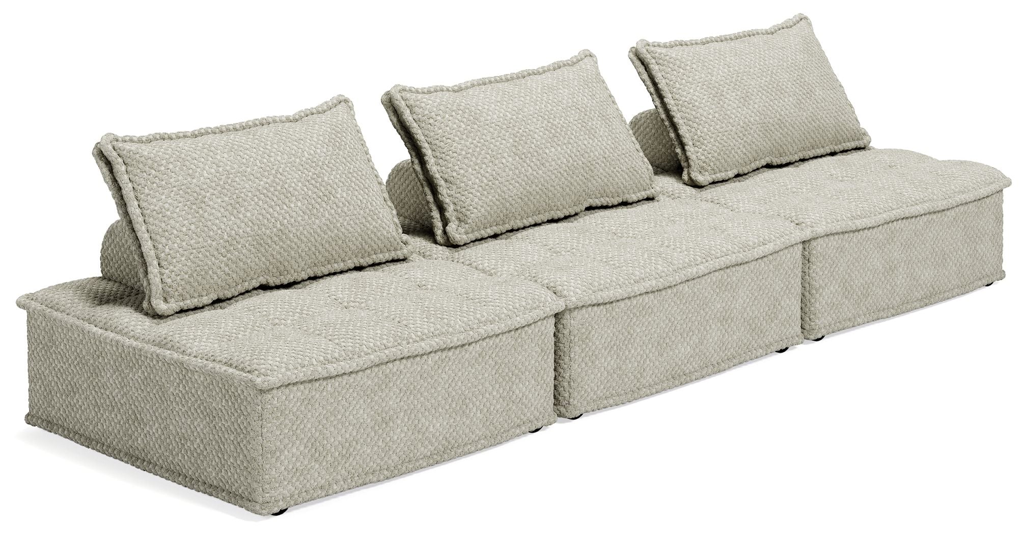 Taupe modular sectional sofa with three back pillows and deep seat cushions