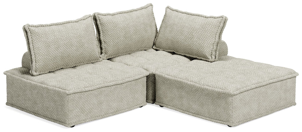 Taupe modular sectional sofa with chaise-style corner and three seat cushions