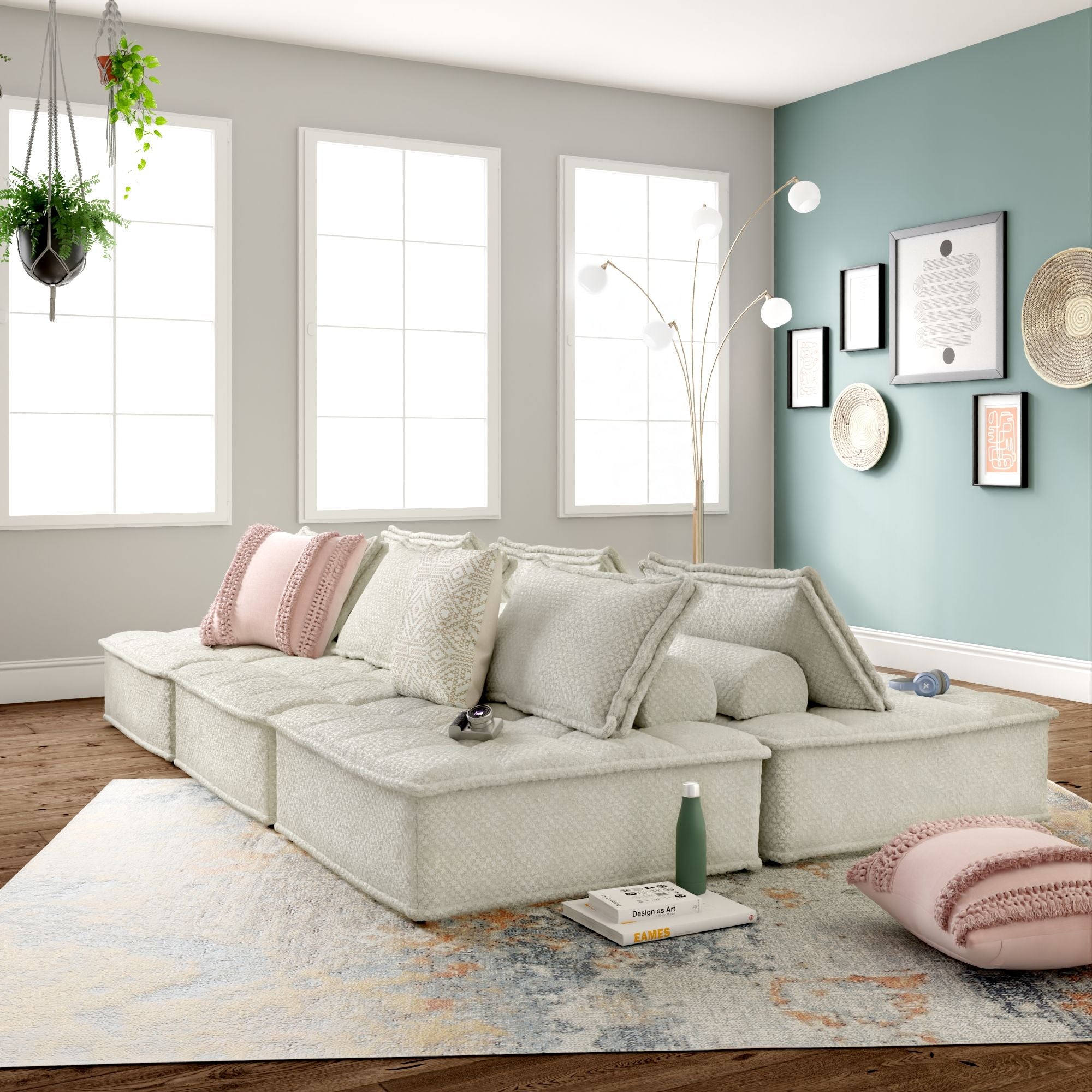 Taupe modular sectional sofa with multiple back cushions and right chaise extension