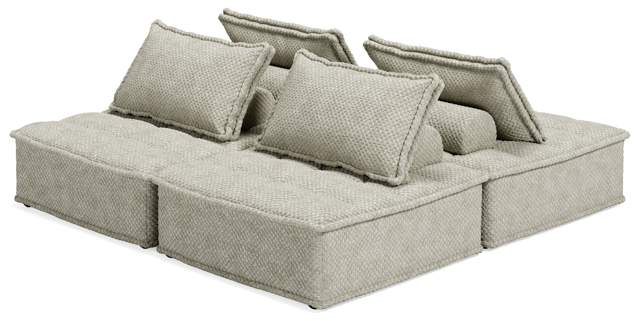 Taupe modular sectional sofa with three back cushions and extended chaise seat