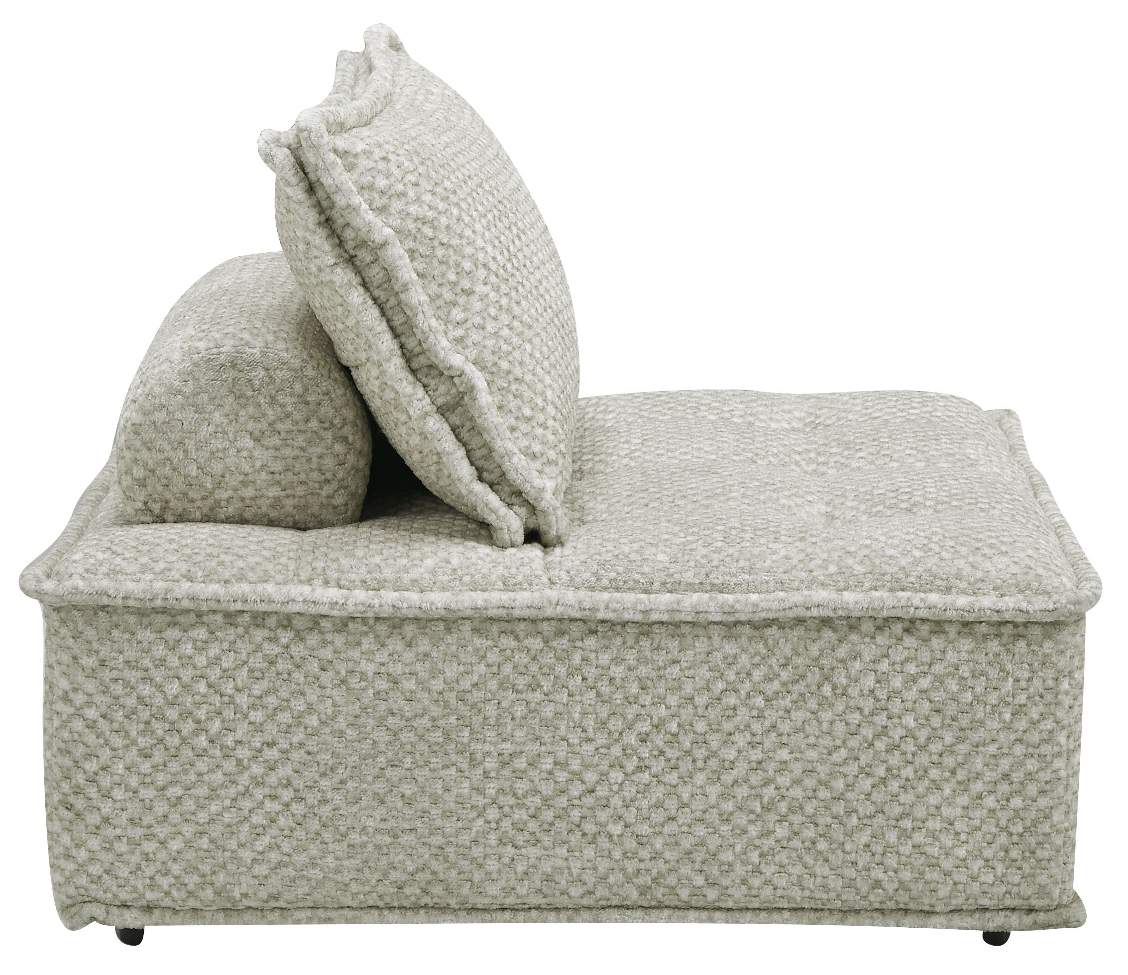 Taupe upholstered sectional chaise with side bolster and textured accent pillow