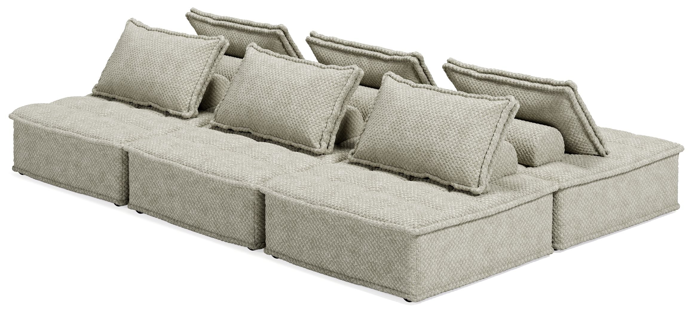 Taupe modular sectional sofa with several back cushions and extended chaise seat