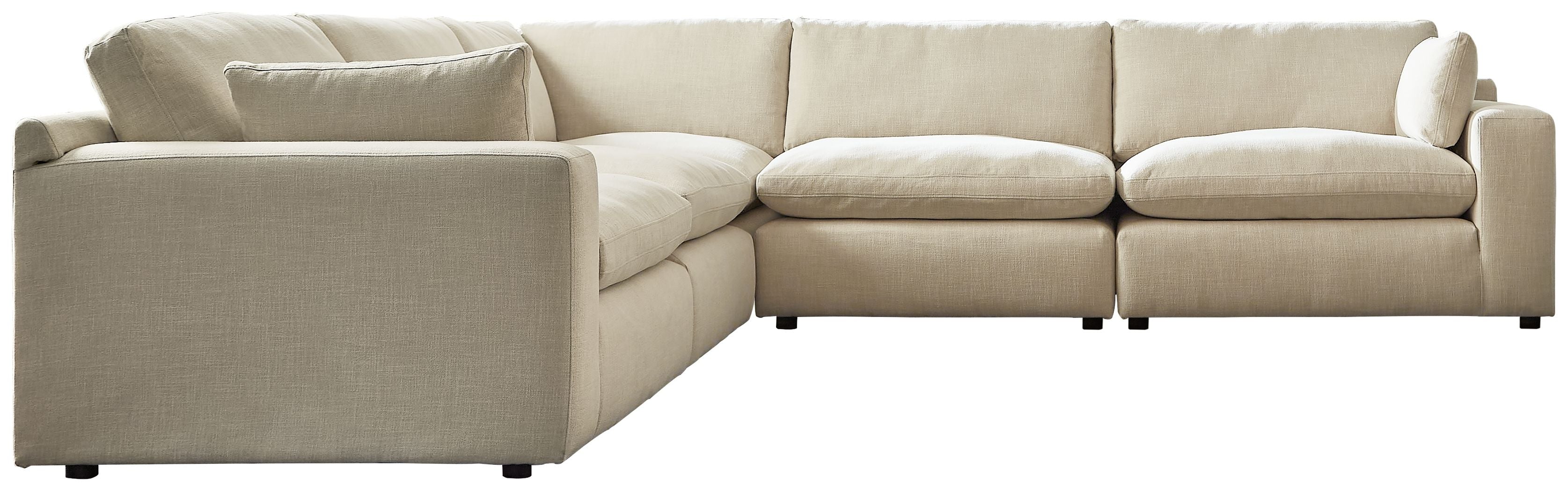 Linen sectional sofa with chaise, light beige upholstery and thick seat cushions