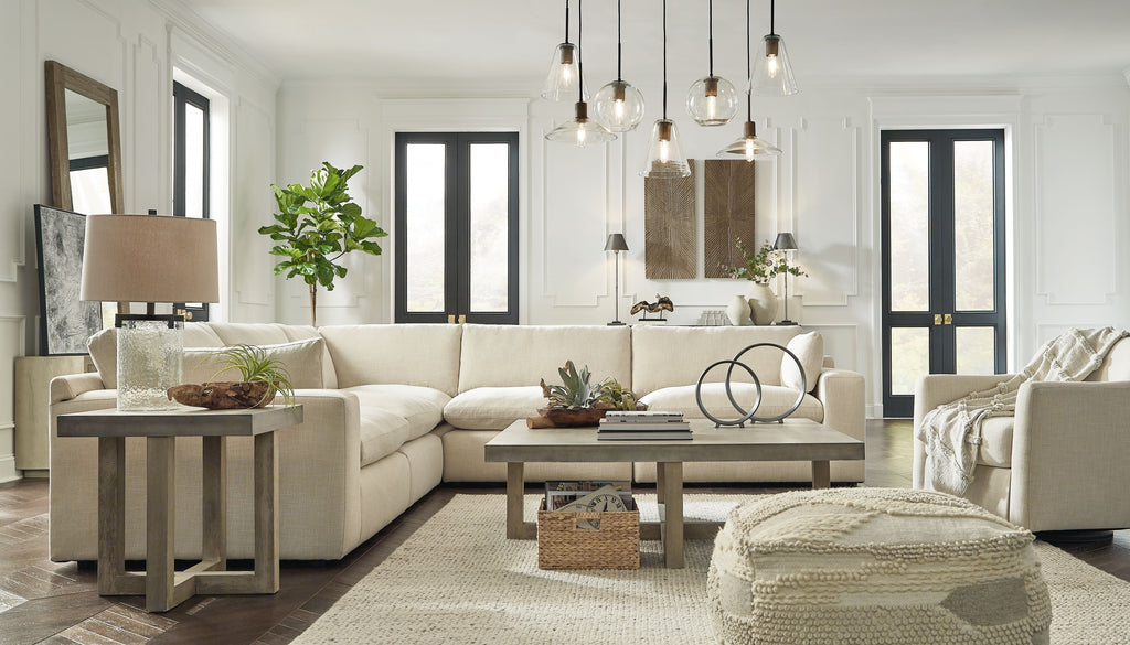 Linen sectional sofa in light beige with chaise-style corner and armless seats