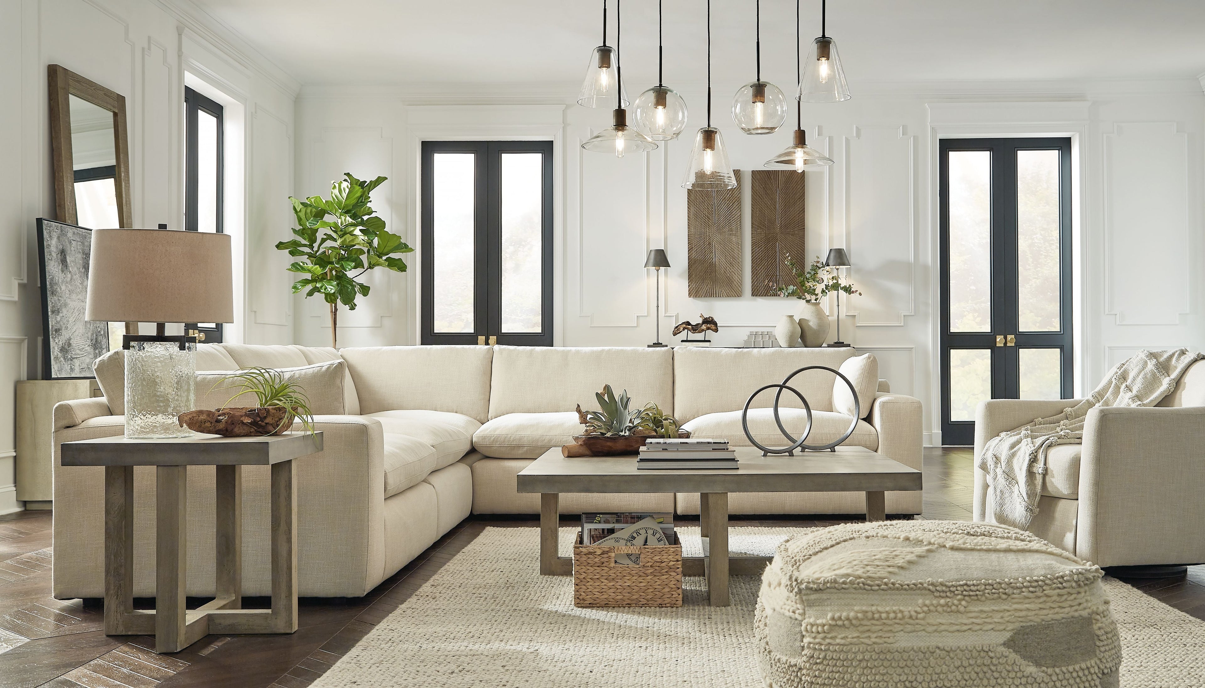 Linen sectional sofa in light beige with chaise-style corner and armless seats