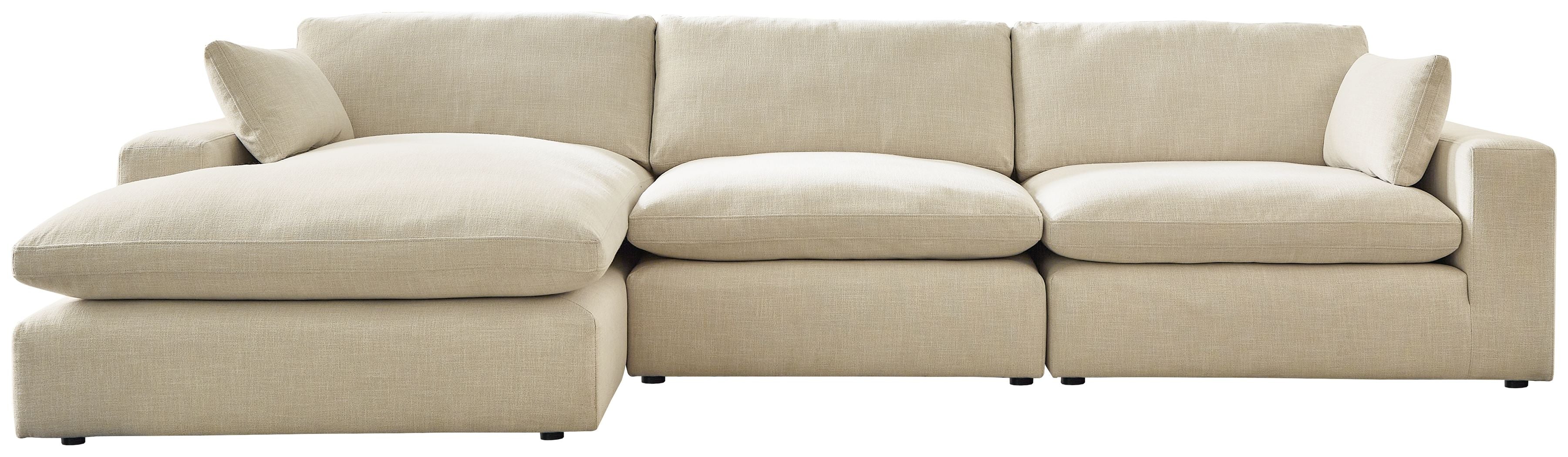 Beige linen sectional sofa with chaise extension, simple cushions and wide seat backs