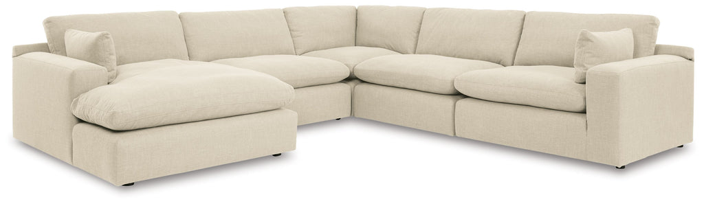 Beige linen sectional sofa with corner layout, wide armrests and smooth seat cushions